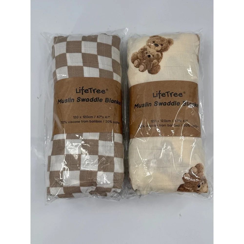 LifeTree Muslin Swaddle Blanket Set 2pk Bamboo Cotton Bears Checkered 47x47